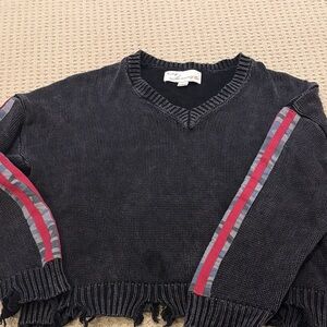 Vintage Havana V-Neck Sweater in Black with Red and Gray Stripes